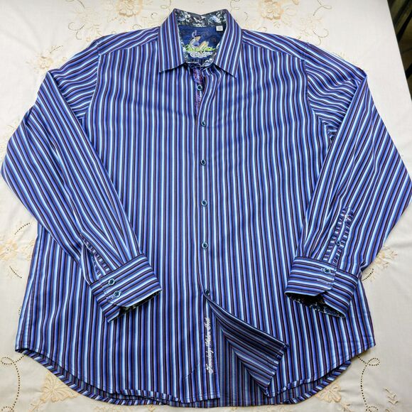 Men's Robert Graham 2XL Striped Purple/Black‎ Front Long Sleeve Flip Cuff $188 - Picture 12 of 13